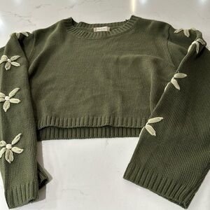 Altar'd State Olive Green Cropped Crewneck Sweater with Cream Floral Embroidery
